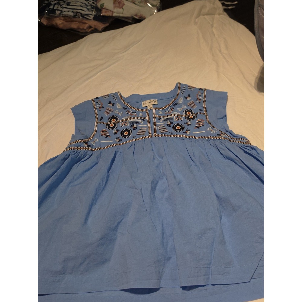 Wonderly Blue Embroidered Babydoll Sleeveless Blouse Top Small